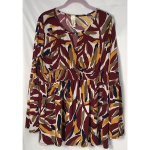 Crepas Women's Red Multicolor Wrap Long-Sleeve Babydoll Top - Size 1XL